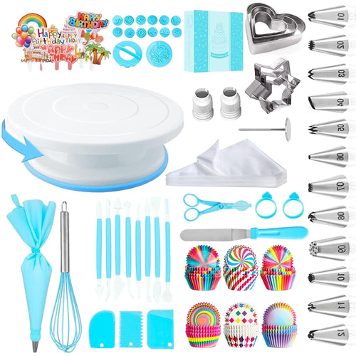 Cake Decorating Supplies Kit Tools 255pcs Cake Decorating Set with Cake Turntable 12 Numbered Icing Piping Tips Cookie Cutters Icing Smoother & Other Accessories for Cake Decoration (Blue-255 PCS)
