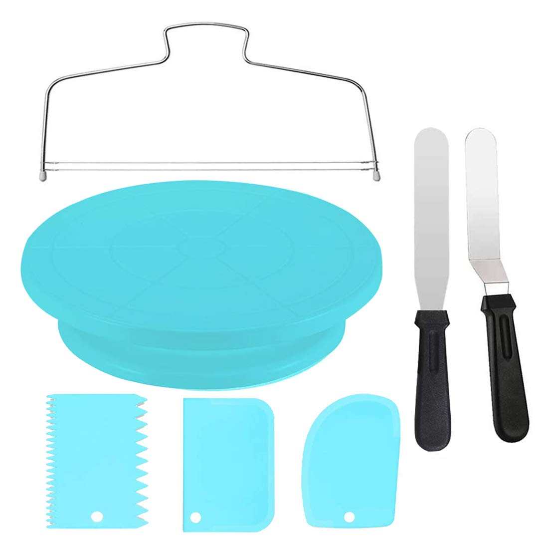 Cake Decorating TurntableCake Decorating Supplies With Decorating Comb/Icing Smoother(3pcs)2 Icing Spatula With Sided & Angled … (Blue/7pcs)