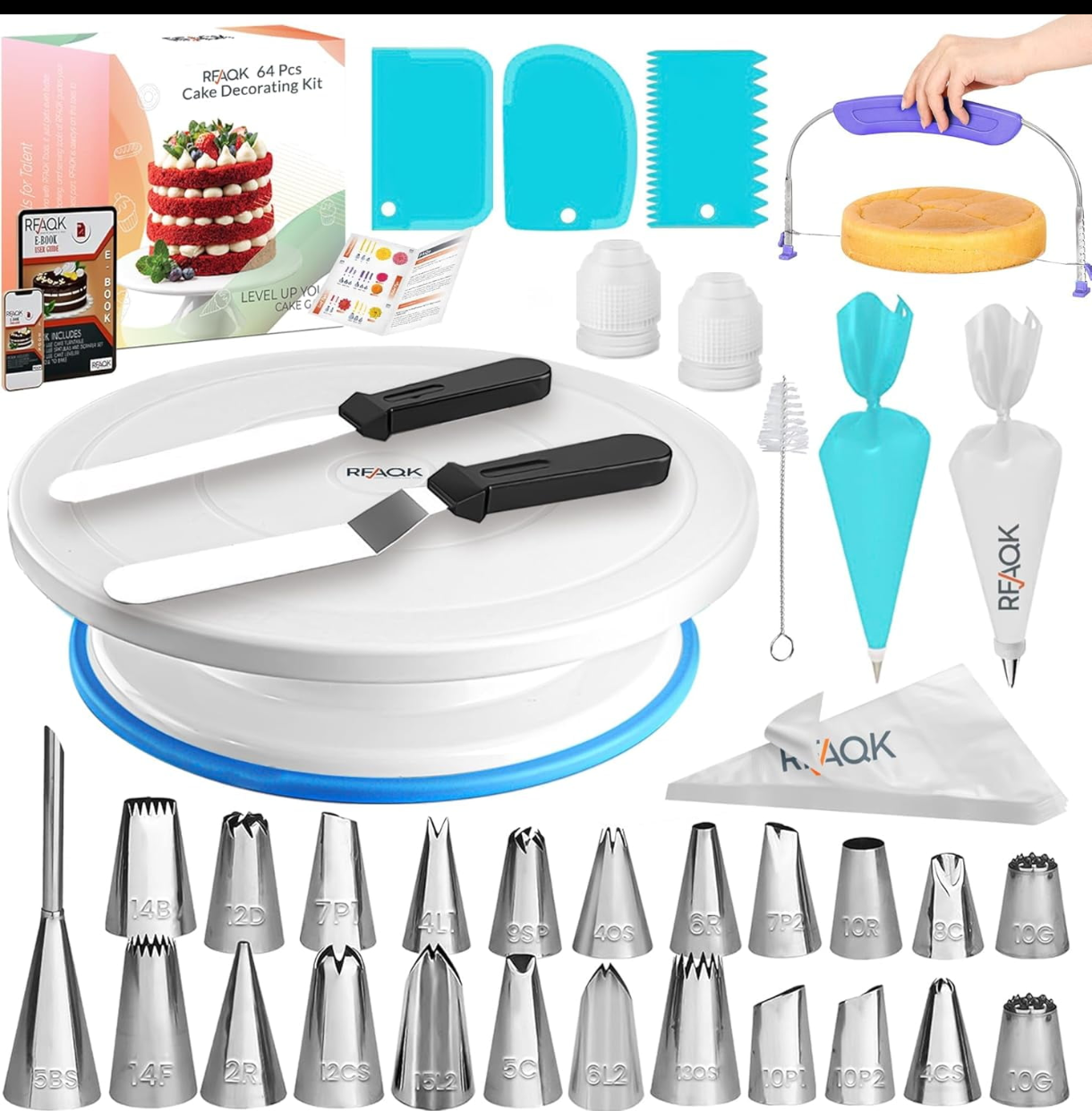 Cake Decorating TurntableCake Decorating Supplies With Decorating Comb/Icing Smoother(3pcs)2 Icing Spatula With Sided & Angled … (Blue/7pcs)