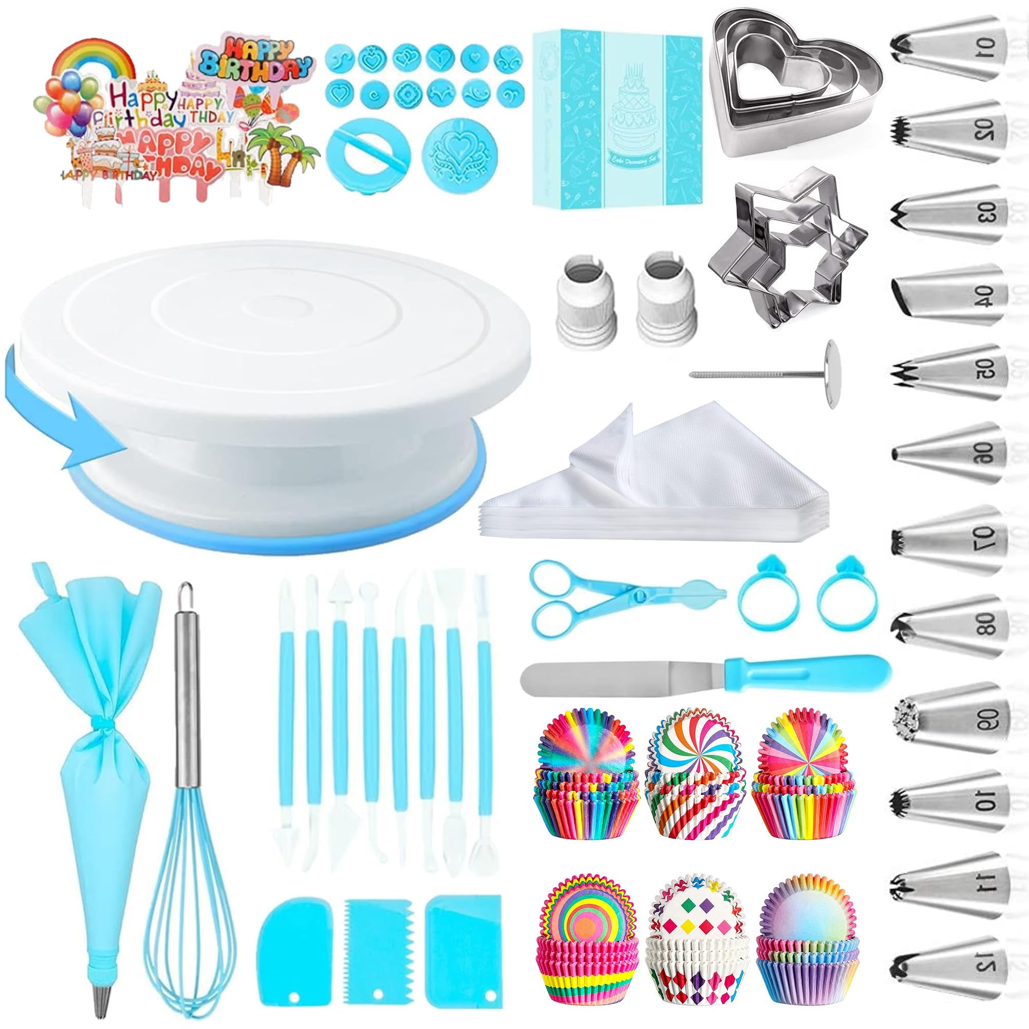 Cake Decorating Supplies Kit Tools 255pcs Cake Decorating Set with Cake Turntable 12 Numbered Icing Piping Tips Cookie Cutters Icing Smoother & Other Accessories for Cake Decoration (Blue-255 PCS)